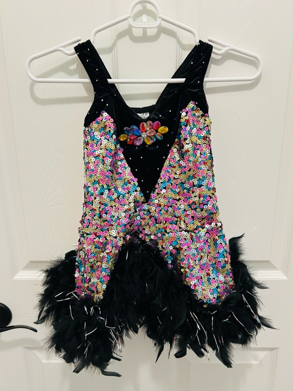 Girls Black Multicolor Sequin Dance Costume with Feather Trim